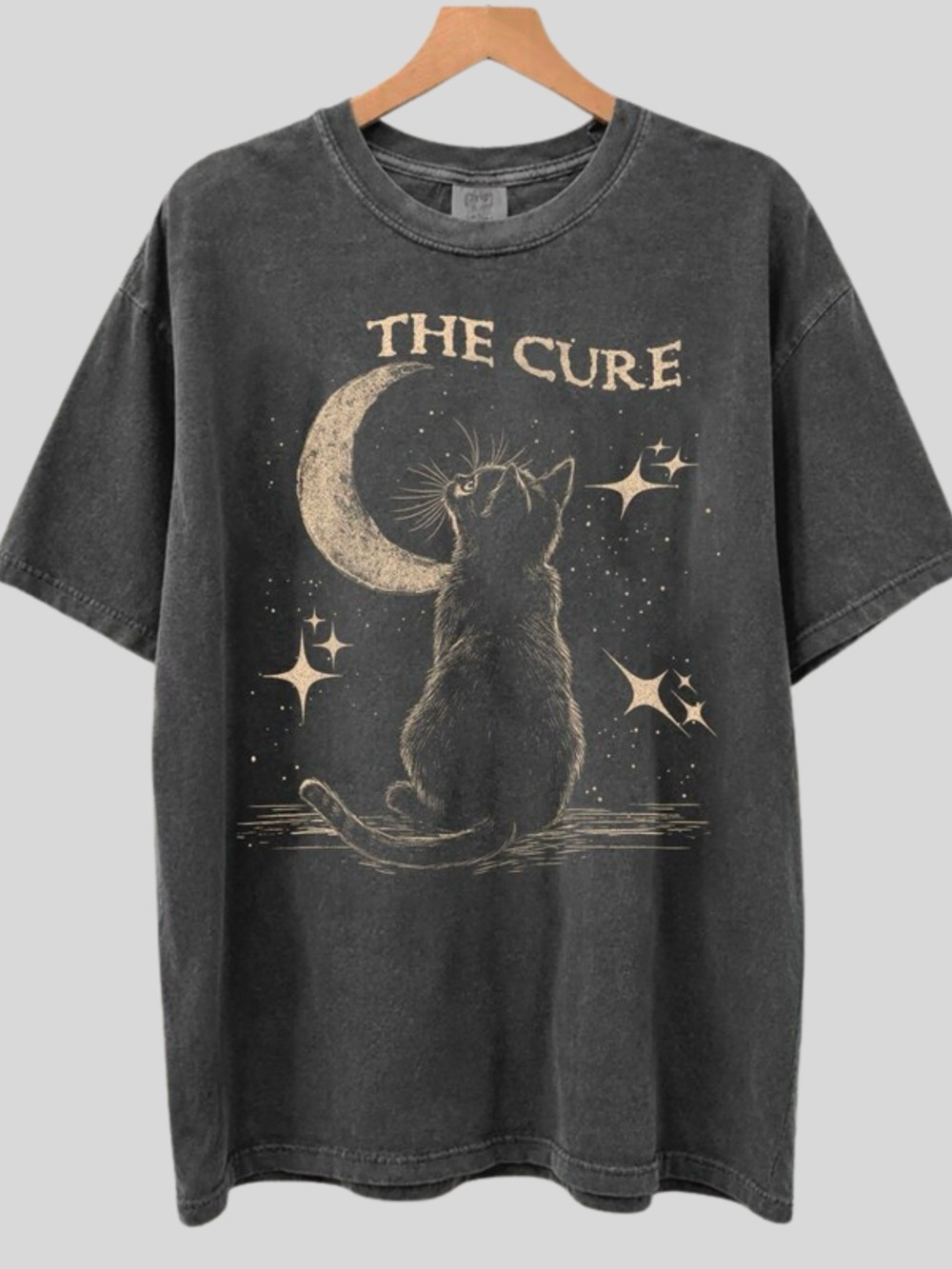 The Cure Moon Cat Celestial Goth Band Comfort Colors Dark Grey T-Shirt